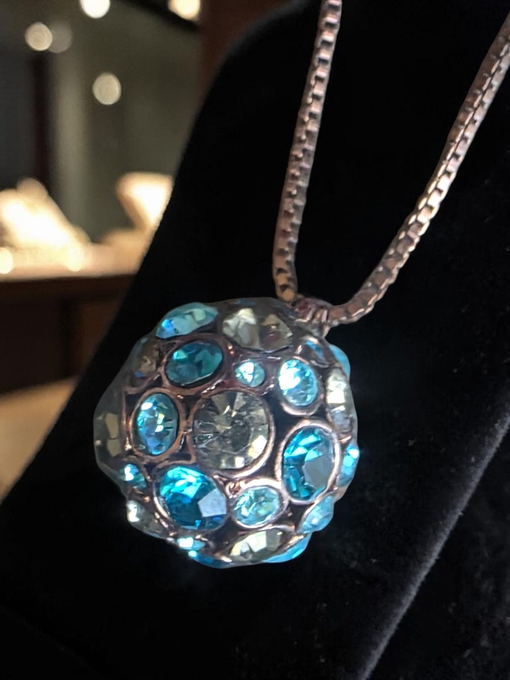 Fossil Blue Crystal Disco Ball Pave Pendant Necklace